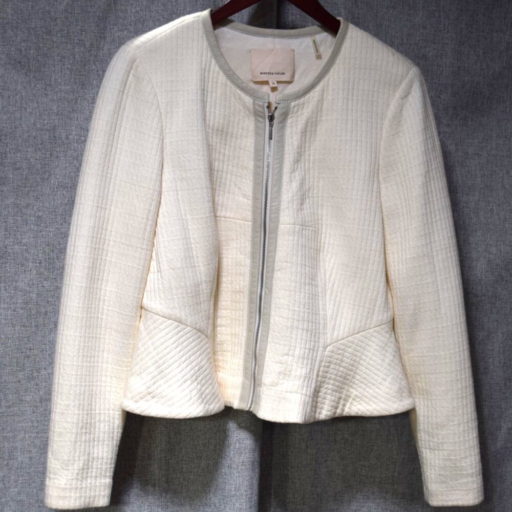 Rebecca Taylor Ivory Quilted Peplum Jacket with Leather Trim Size 4